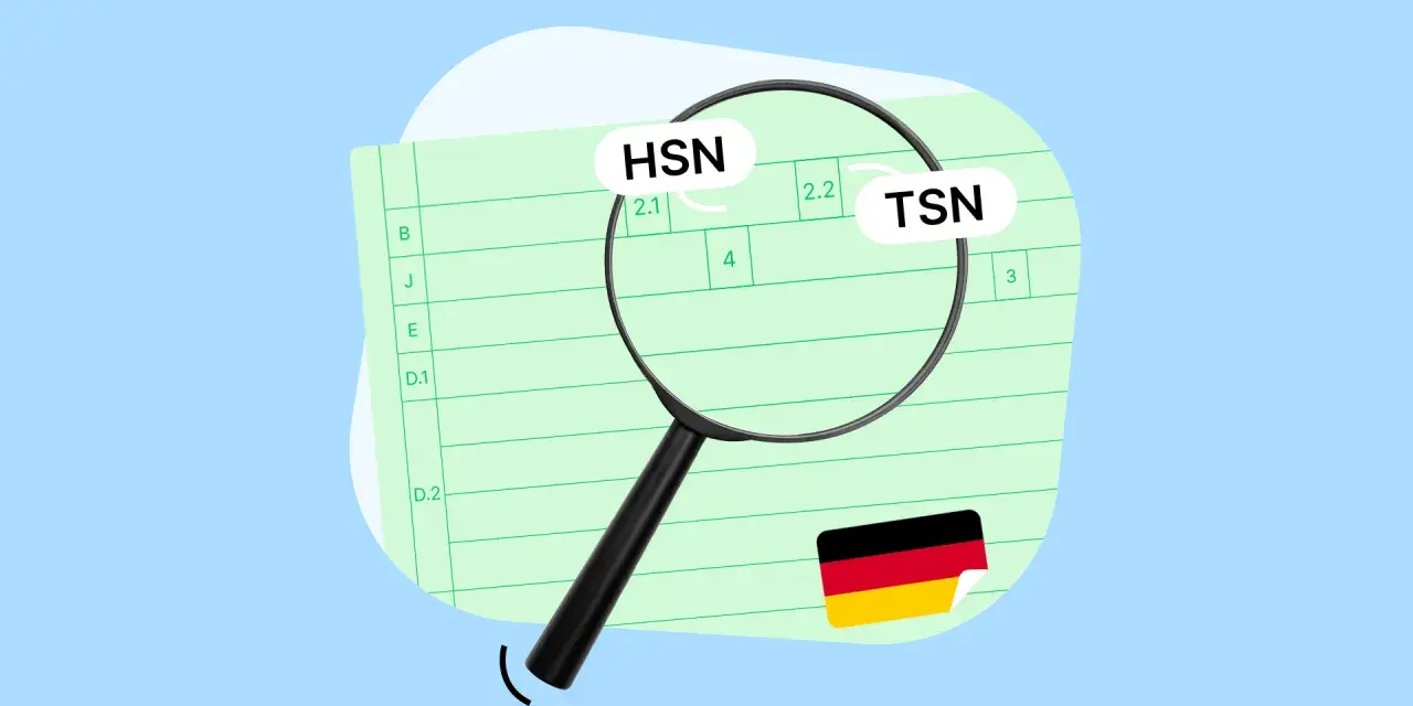 Lupe über Dokument mit HSN und TSN aus Fahrgestellnummer. Deutsche Flagge.