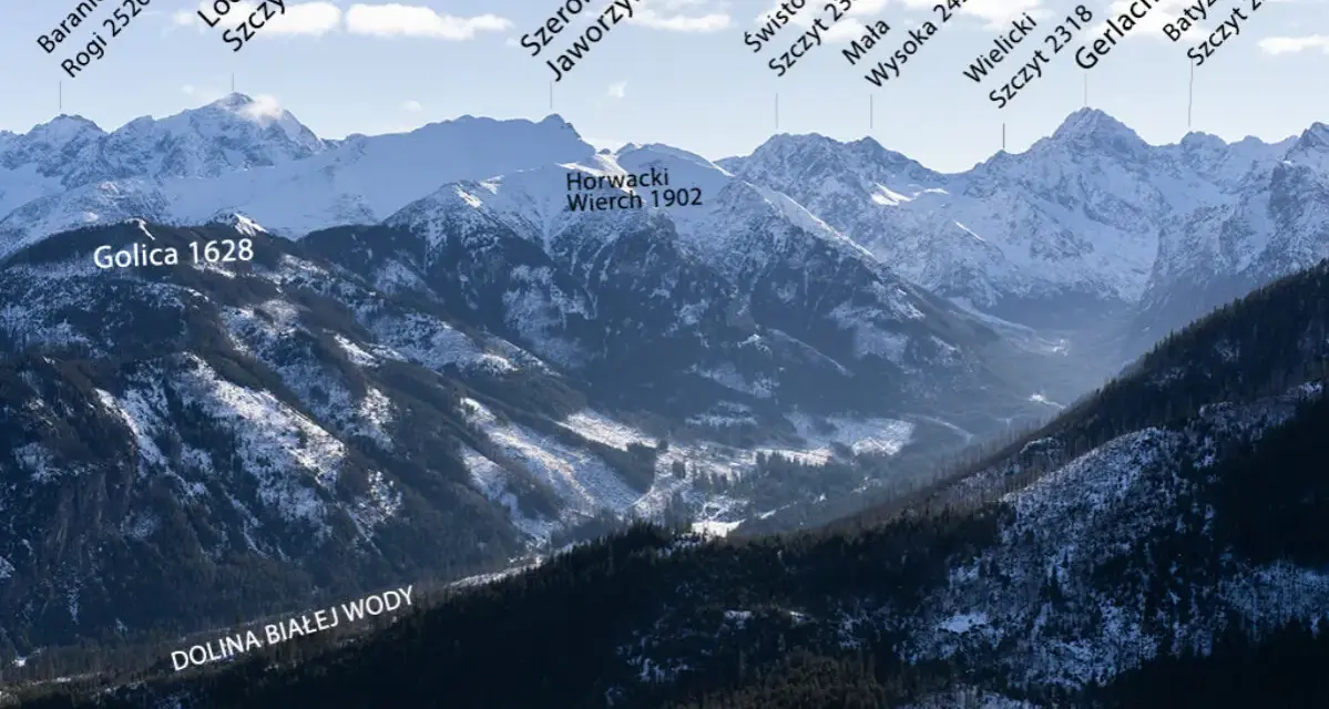 Widok na ośnieżone Tatry z nazwami szczytów: Lodowy, Gerlach, Baranie Rogi, Dolina Białej Wody.