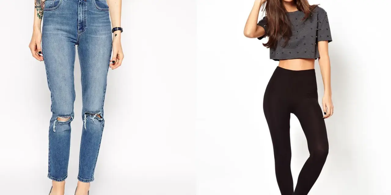 Dos mujeres, una con jeans rotos y la otra con leggings negros y top corto. ¿Qué significa petite? Estilos que realzan la figura.