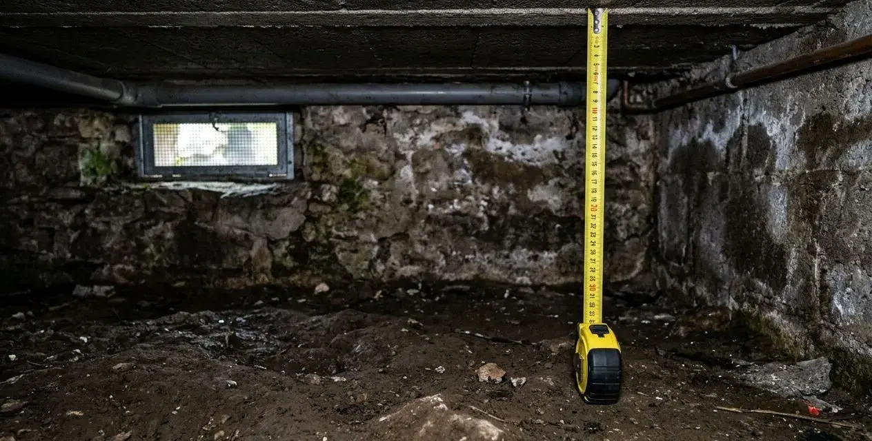 Mètre-ruban dans un vide sanitaire sombre, mesurant la hauteur sous le plafond en béton. Murs de pierre humides et sol terreux.