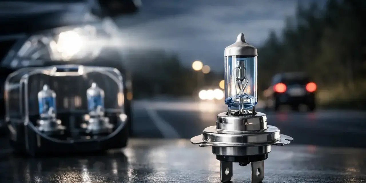 En ensam Osram Night Breaker H7-lampa står redo att lysa upp mörka vägar. I bakgrunden syns en bil med tända strålkastare.