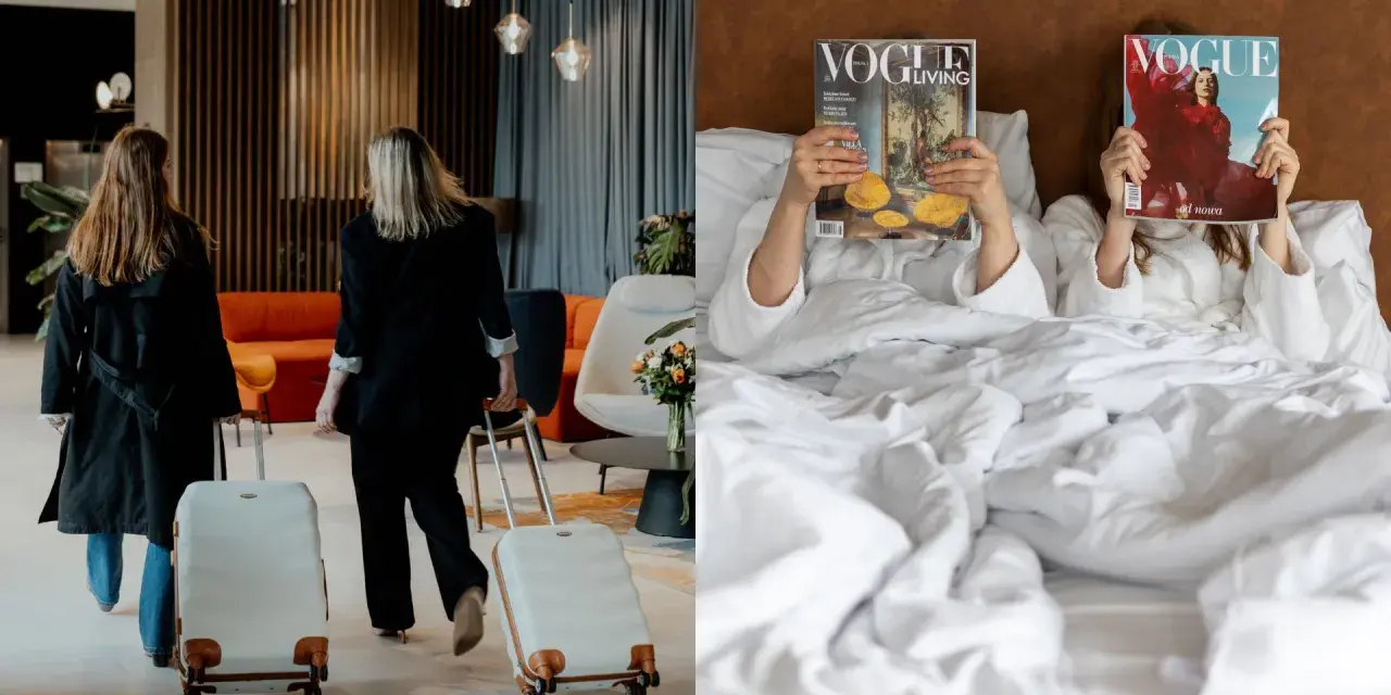 Przyjaciółki rozpoczynają swój weekend spa na Dolnym Śląsku. Po przybyciu relaksują się w łóżku z magazynami Vogue.