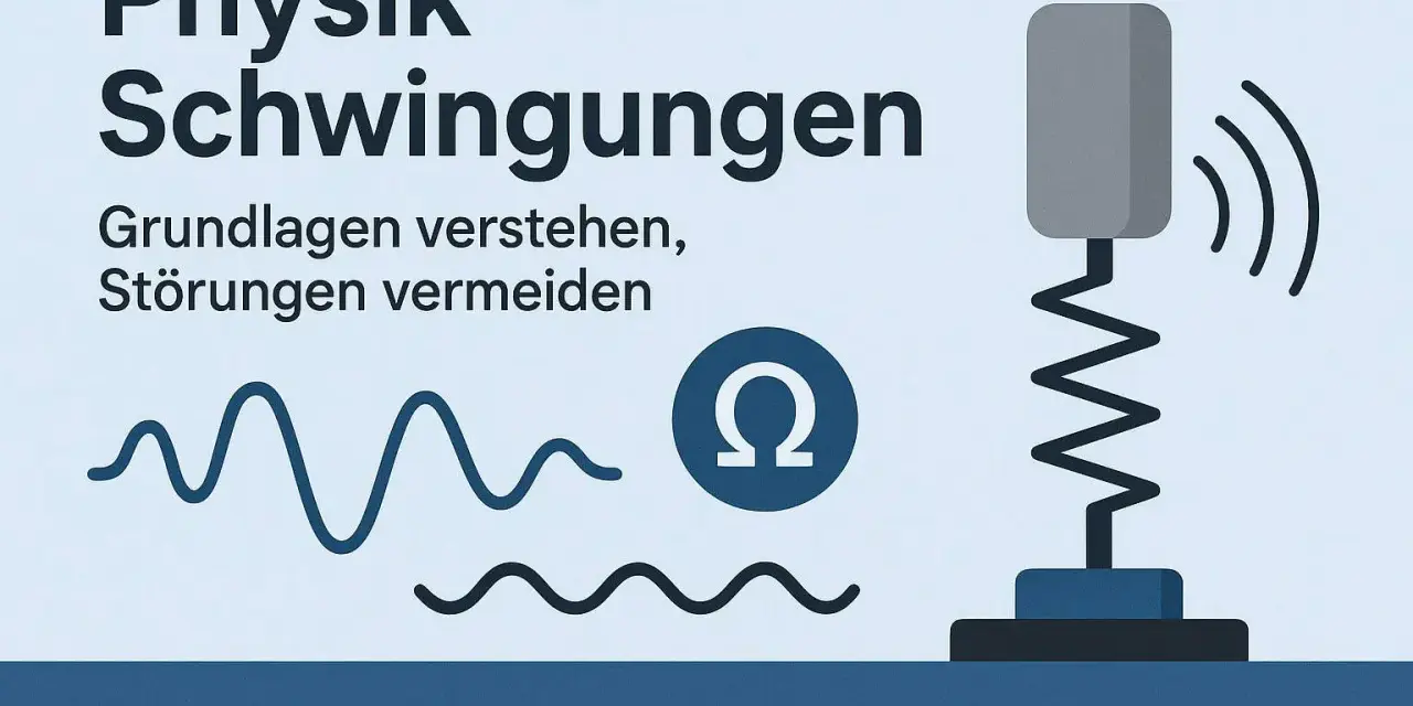 Physik: Schwingungen verstehen. Ein System mit Federkonstante schwingt, Wellenlinien und Omega-Symbol illustrieren das Thema.