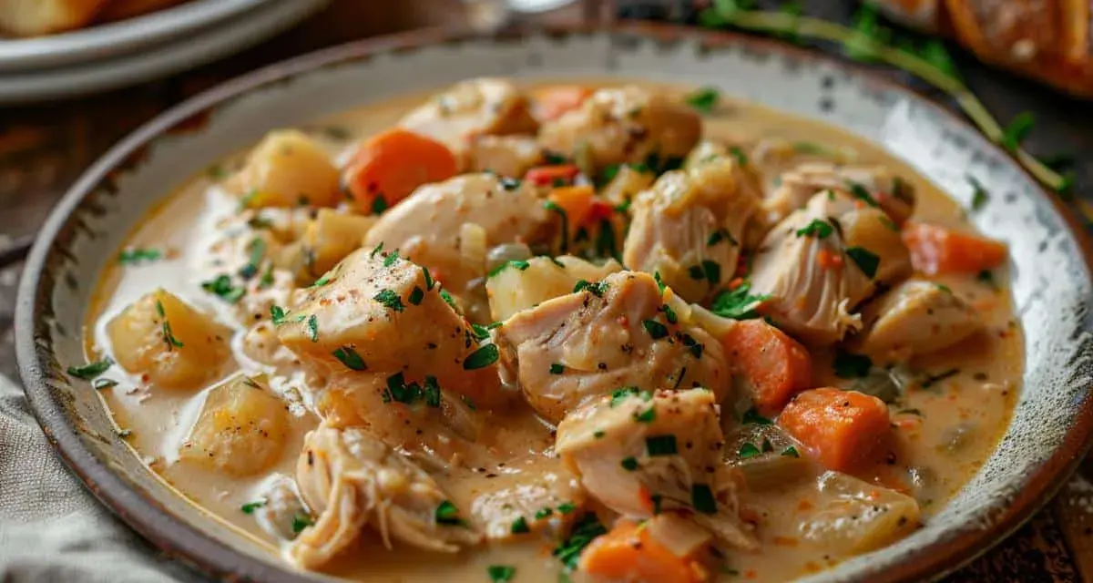Une assiette de blanquette de dinde crémeuse avec des morceaux de dinde, des carottes et des pommes de terre, garnie de persil frais.