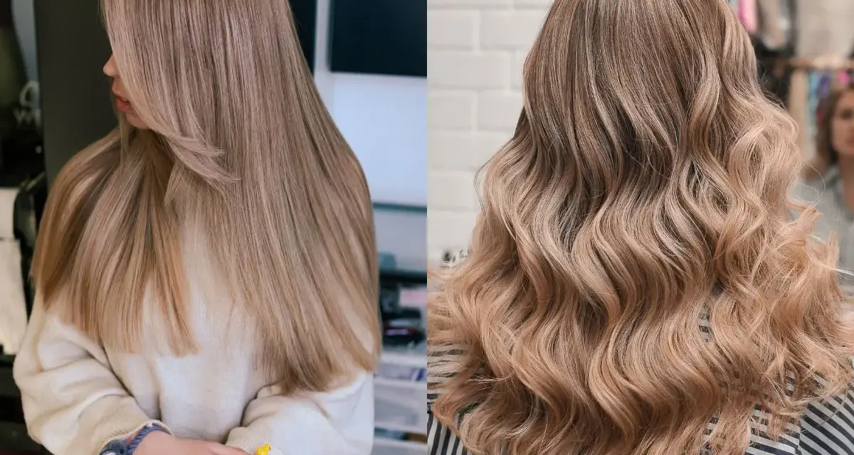 Dwie kobiety prezentują modne kolory włosów: jeden prosty, beżowy blond, drugi falowany, z subtelnymi refleksami.