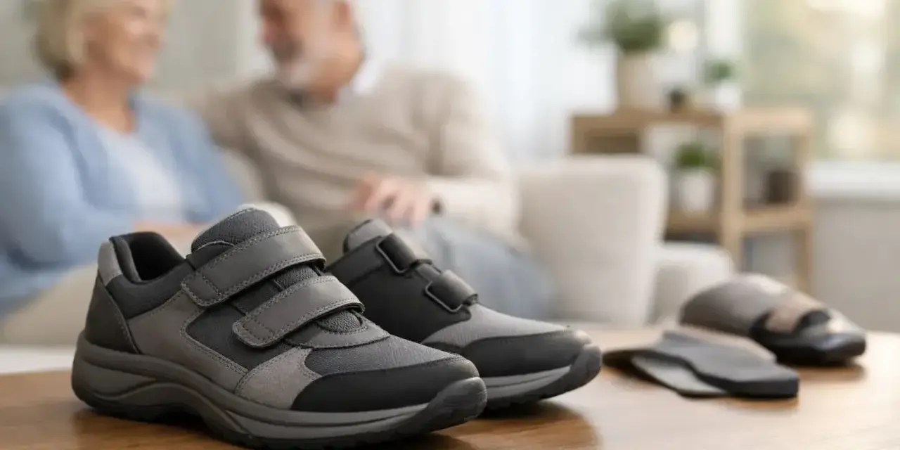 Scarpe comode con velcro, ideali per chi soffre di consumo scarpe tallone esterno. Coppia anziana sullo sfondo.