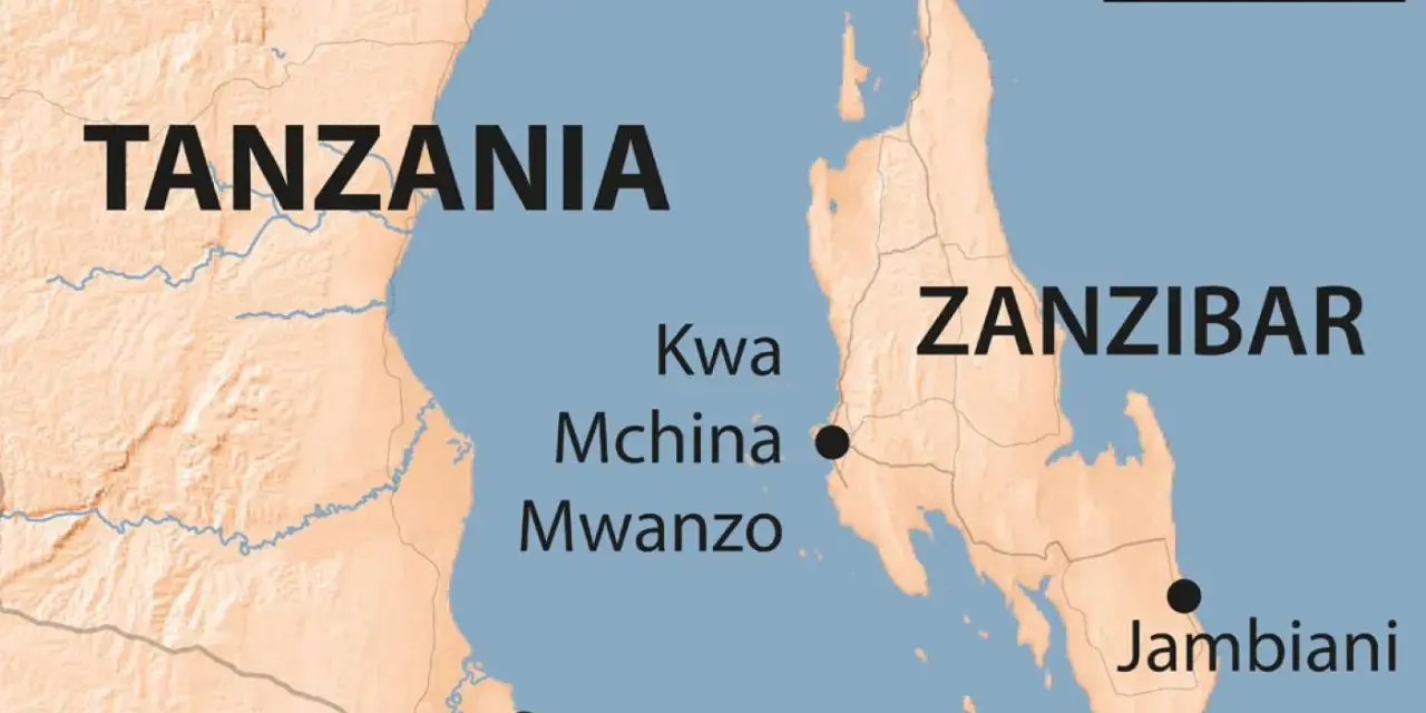Mapa pokazuje, że Zanzibar leży na Oceanie Indyjskim, przy wybrzeżu Tanzanii.