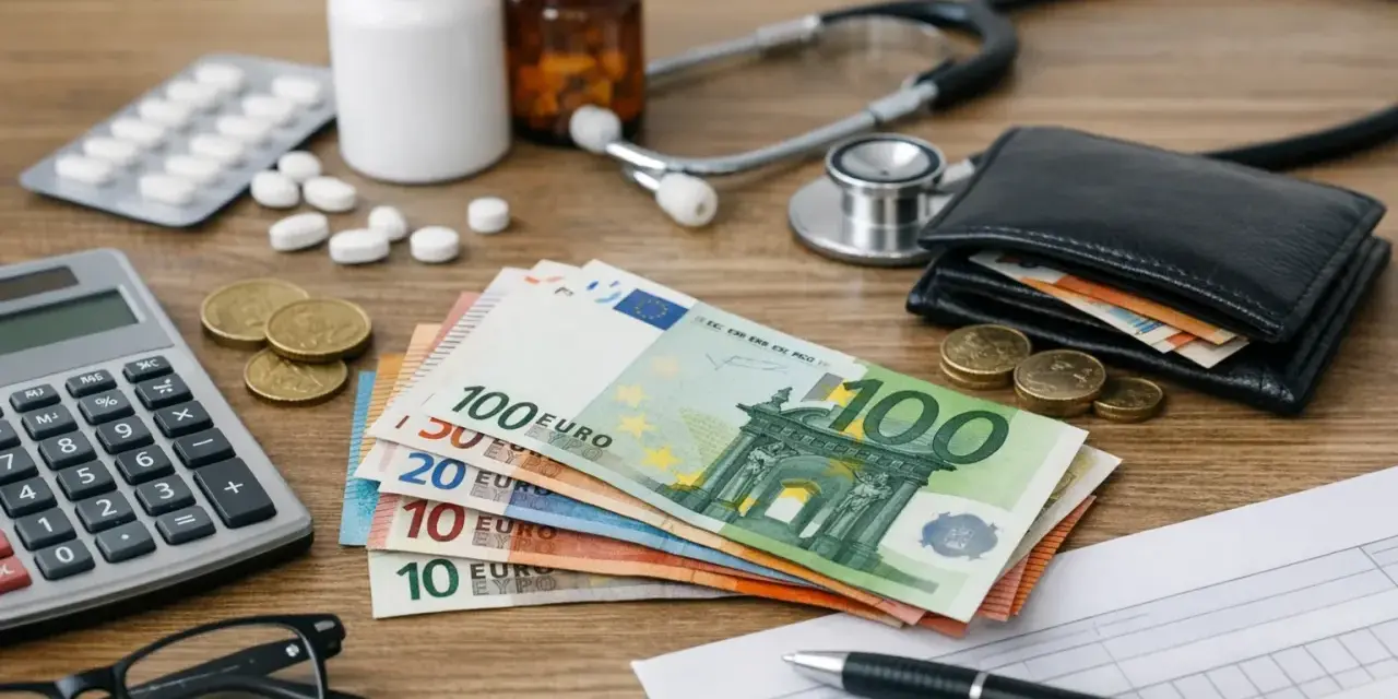 Kalkulator, pieniądze, leki i stetoskop sugerują analizę kosztów związanych ze zmianą ubezpieczenia w Holandii.