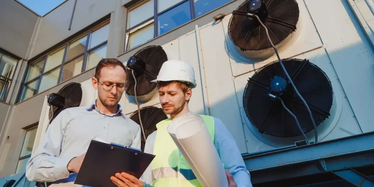 Dwóch inżynierów analizuje dokumentację techniczną przy wielkich wentylatorach. To ich świadectwo ATP, że wszystko działa poprawnie.