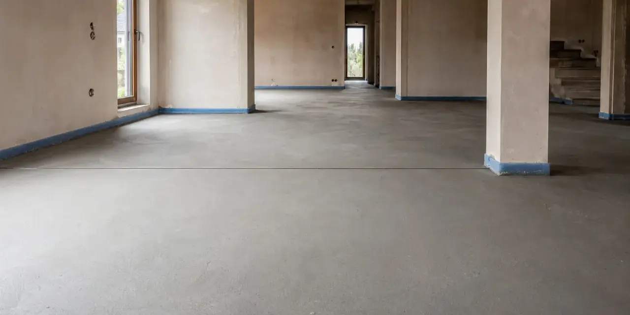 Surowa posadzka betonowa z widoczną linią dylatacji, przygotowana do dalszych prac wykończeniowych.