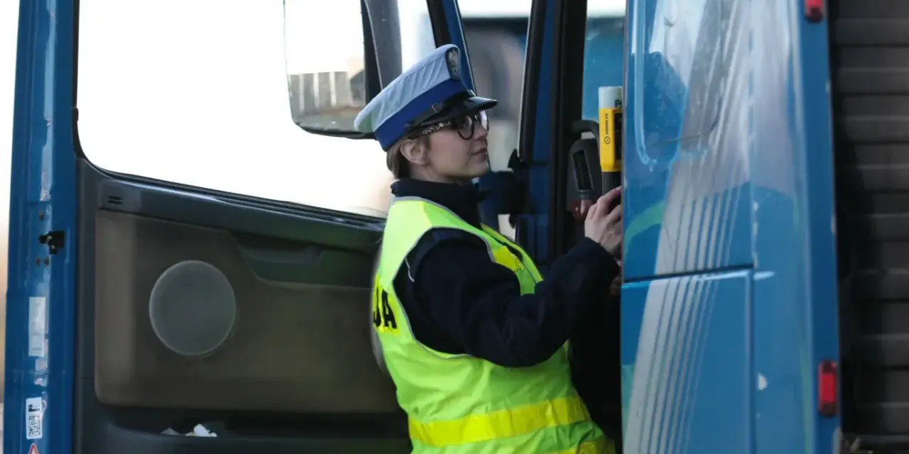 Policjantka w kamizelce odblaskowej i czapce przykłada alkomat do drzwi ciężarówki.