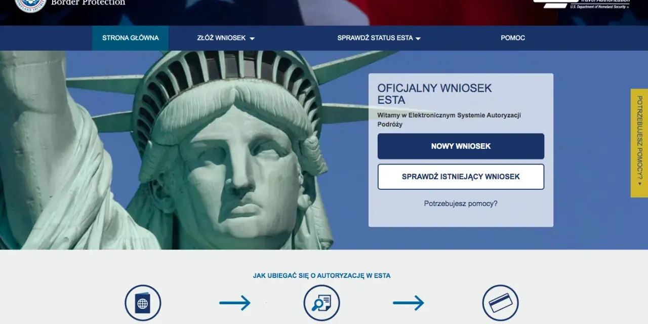 Oficjalna strona ESTA, umożliwiająca złożenie wniosku o autoryzację podróży do USA bez wiz.