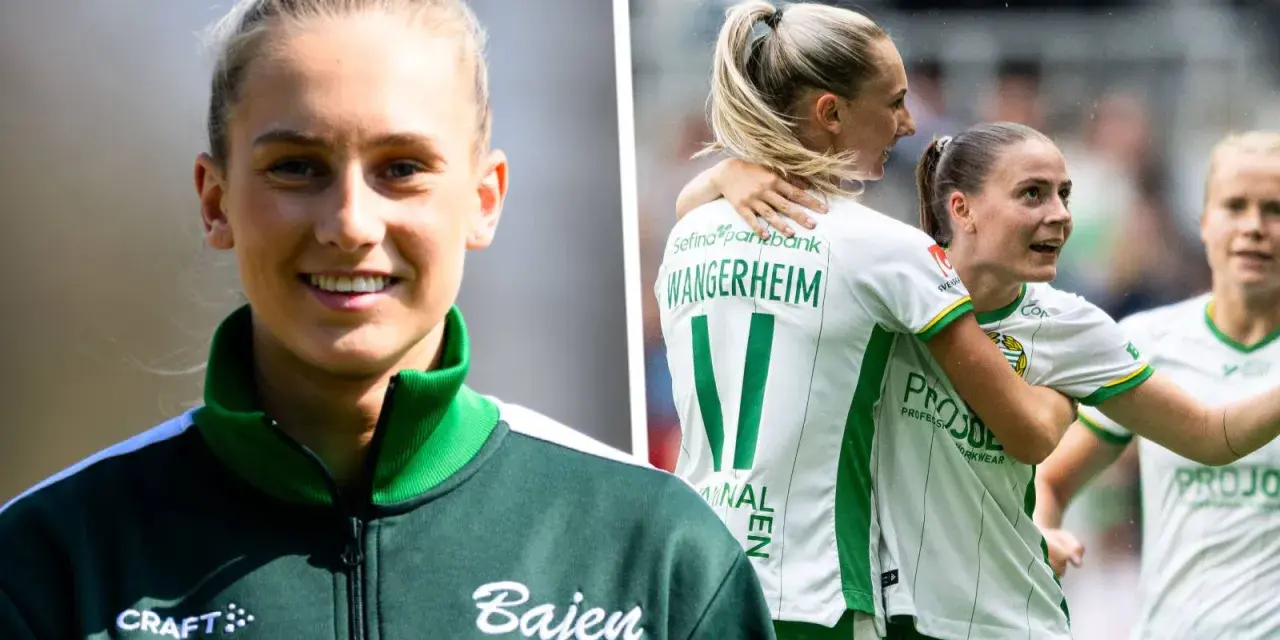 Glad svensk kvinnlig fotbollsspelare i Bajen-tröja, firar med lagkamrater på planen.