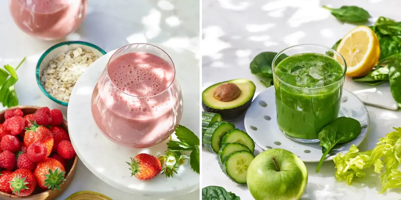 Två glas med färgglada smoothies, omgivna av ingredienser som hallon, havre, avokado och grönsaker. Perfekt för ett hälsosamt smoothie recept.