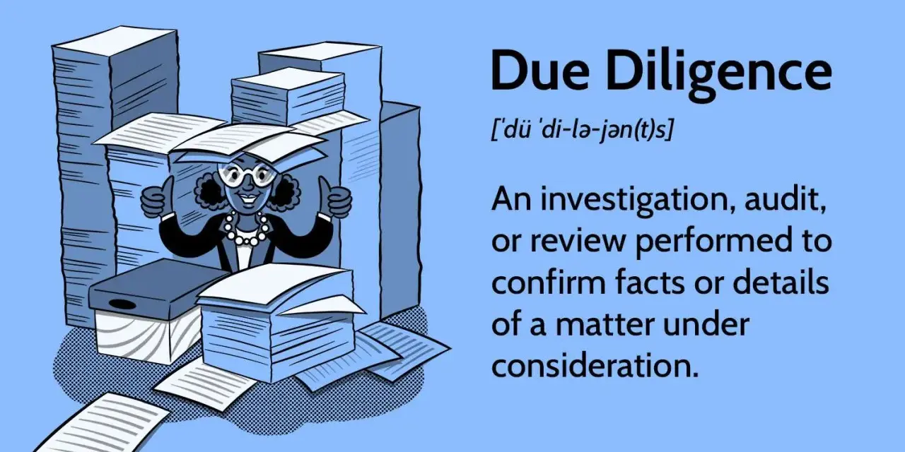 A smiling woman gives two thumbs up amidst stacks of papers, illustrating the due diligence meaning of thorough investigation.