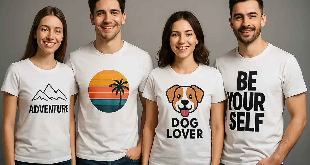 Cztery osoby w białych koszulkach z napisami: "ADVENTURE", zachód słońca z palmą, "DOG LOVER" i "BE YOUR SELF". Możesz taką koszulkę stworzyć!