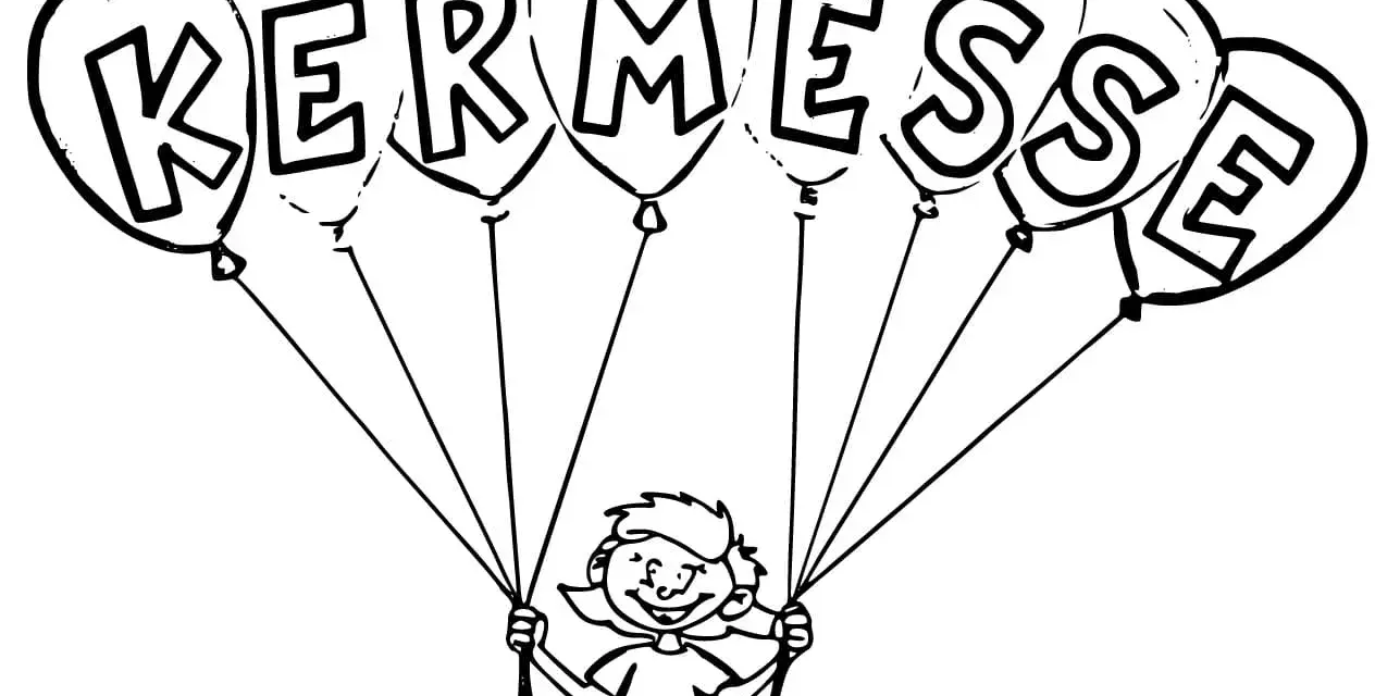 Dessin d'une joyeuse enfant sur une balançoire, portée par des ballons formant le mot "KERMESSE".