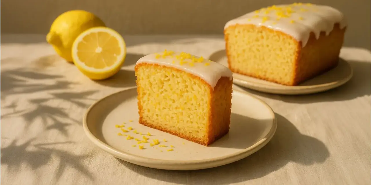 Ein Stück saftiger, veganer Zitronenkuchen mit Zuckerguss und Zitronenschale bestreut. Daneben liegen frische Zitronen.