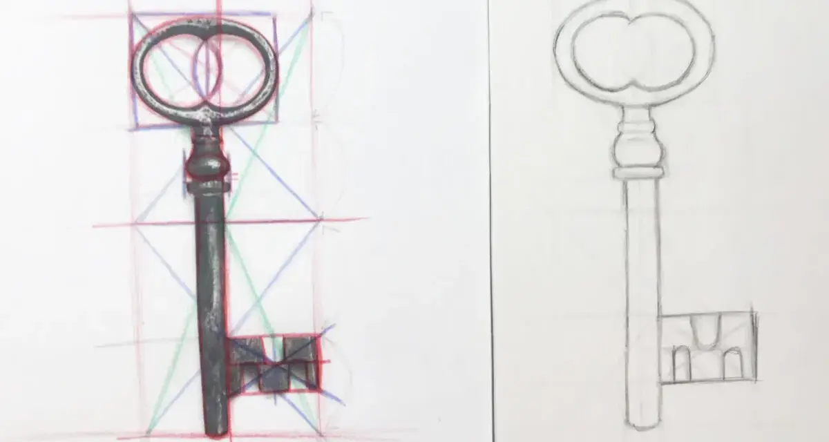 Un objet dessin facile : une clé ancienne, d'abord esquissée avec des guides de construction, puis dessinée au trait.