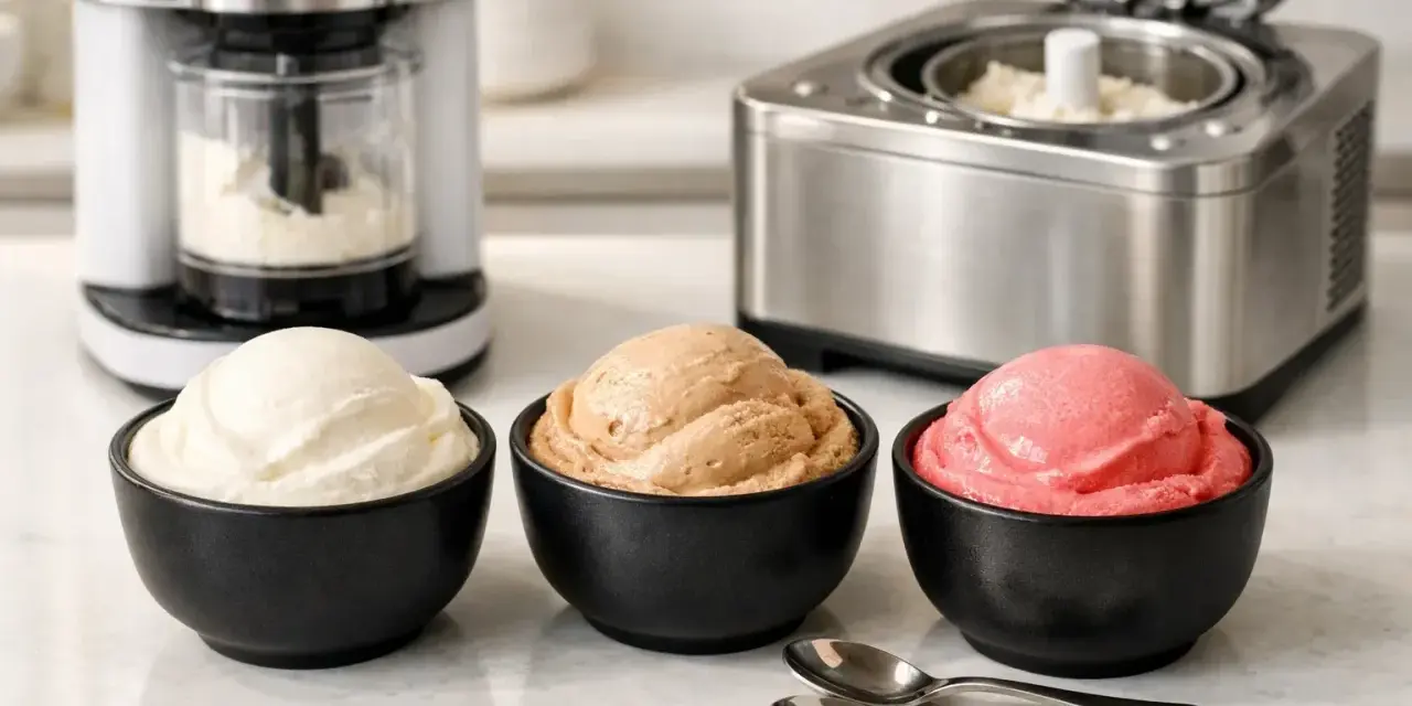 Drei Schalen mit cremigem Eis: Vanille, Karamell und Erdbeere. Daneben Eismaschinen, die das Eis wie Sahne zubereiten.