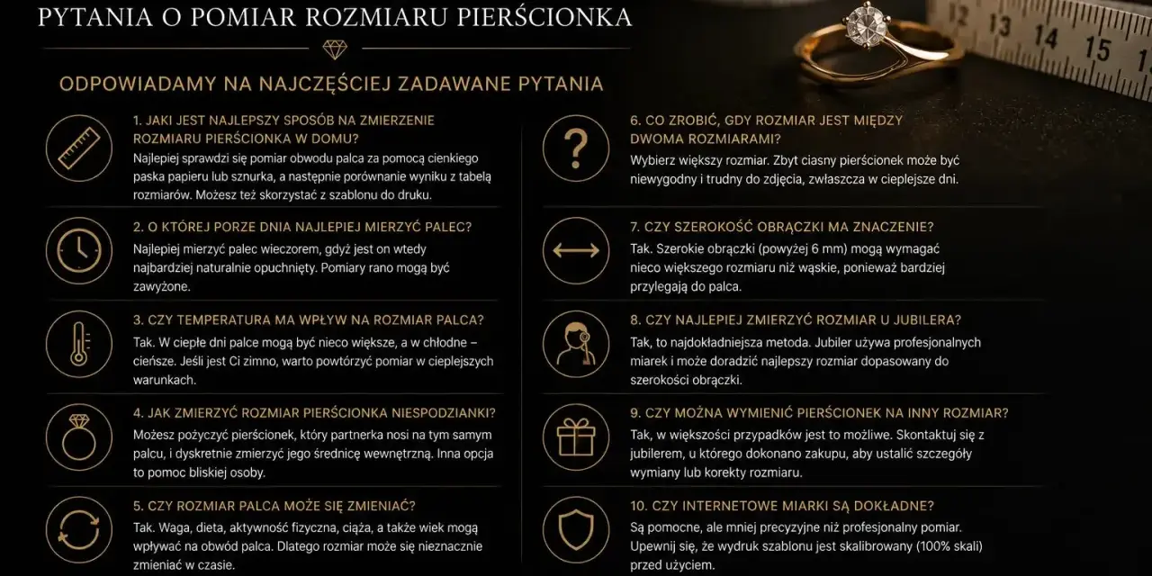 Złoty pierścionek z brylantem i miarką krawiecką. FAQ o najczęstszy rozmiar pierścionka.