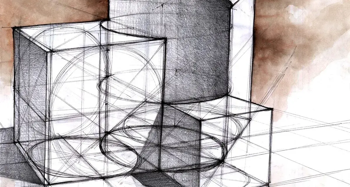 Szkic geometrycznych brył, ćwiczenie z perspektywy, idealne do nauki architektury studia online.