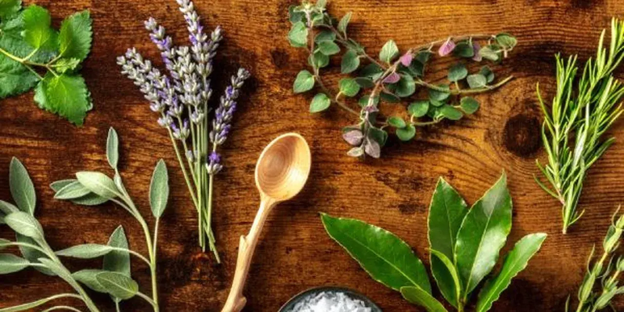 Variedad de hierbas frescas, incluyendo lavanda y romero, dispuestas sobre madera. Explora los usos de las hierbas provenzales en la cocina y aromaterapia.