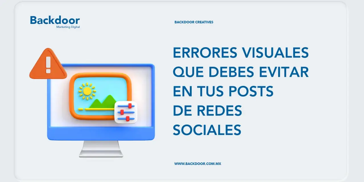 Icono de advertencia y pantalla de ordenador con paisaje, junto a texto sobre errores visuales en posts. Imágenes sin copy right.