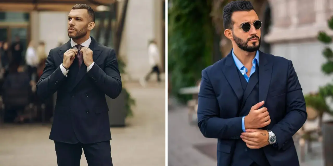 Uomini eleganti in abiti scuri, perfetti per un'occasione di cocktail attire.