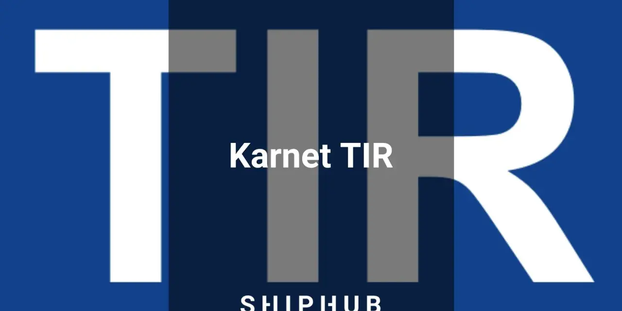 Duże białe litery TIR na granatowym tle. Pośrodku napis "Karnet TIR" i poniżej "SHIPHUB".