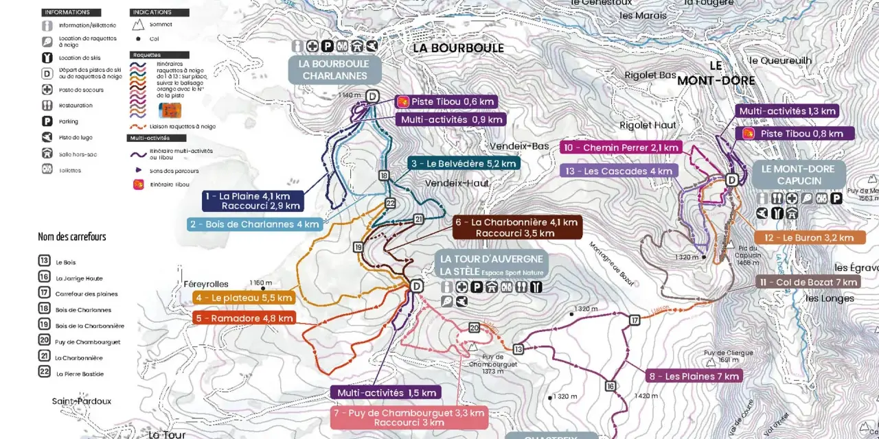 Carte des sentiers de raquettes au Mont Dore. Itinéraires balisés pour explorer la région.