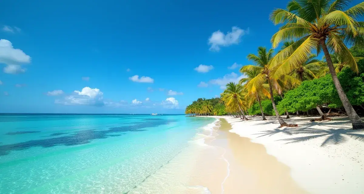 Rajska plaża na Mauritiusie we wrześniu. Błękitne niebo, turkusowa woda i palmy tworzą idealną pogodę na wakacje.