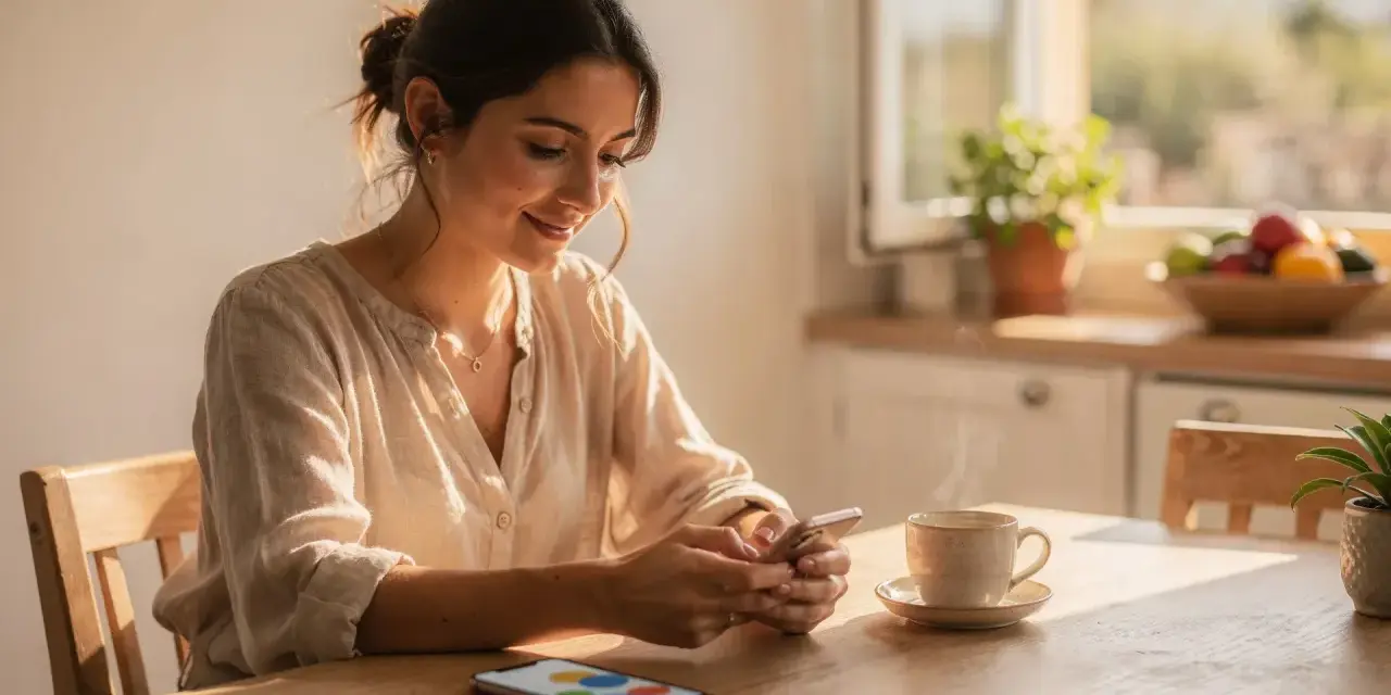 Mujer sonríe usando su móvil, con una taza de café y un gráfico en pantalla. Ideal para un programa para hacer presupuestos gratis.