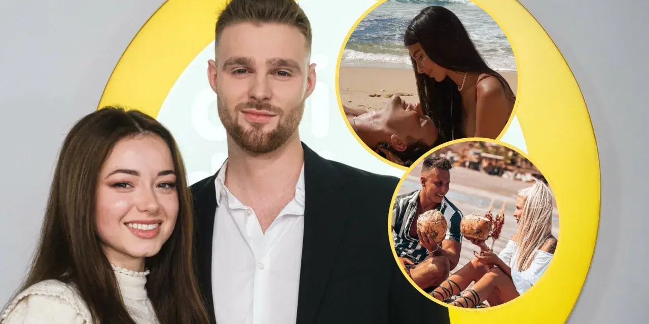 Hotel Paradise 3: Uczestnicy na zdjęciu głównym i w okrągłych wstawkach, pokazujący ich na plaży i z kokosami.