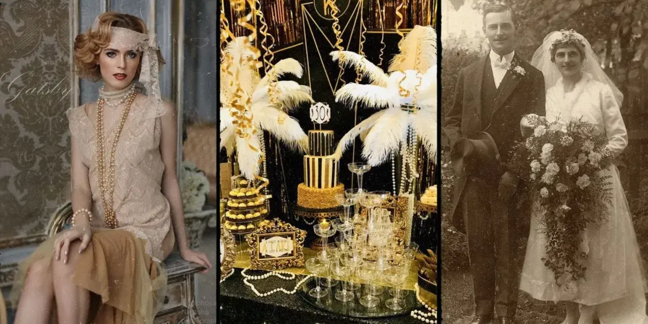 Eleganckie lata 20. stylizacje: kobieta w sukni z pereł, złoty tort i para młoda na ślubnym zdjęciu.
