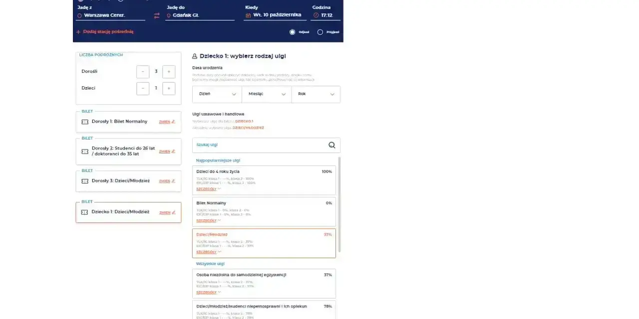 Wybierasz ulgi, by wiedzieć, jak kupić bilet w pociągu. Dostępne opcje to m.in. ulga dla dzieci, młodzieży, studentów i osób niepełnosprawnych.