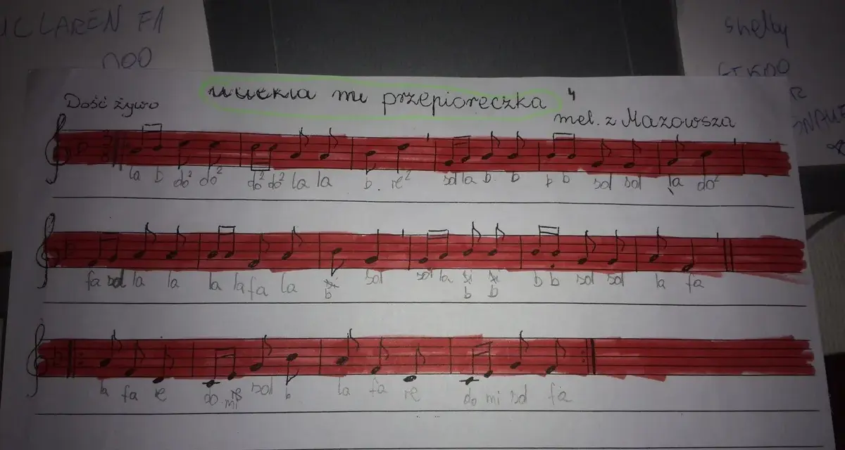 Nuty piosenki "Uciekła mi przepióreczka", melodia z Mazowsza, zapisane ręcznie.