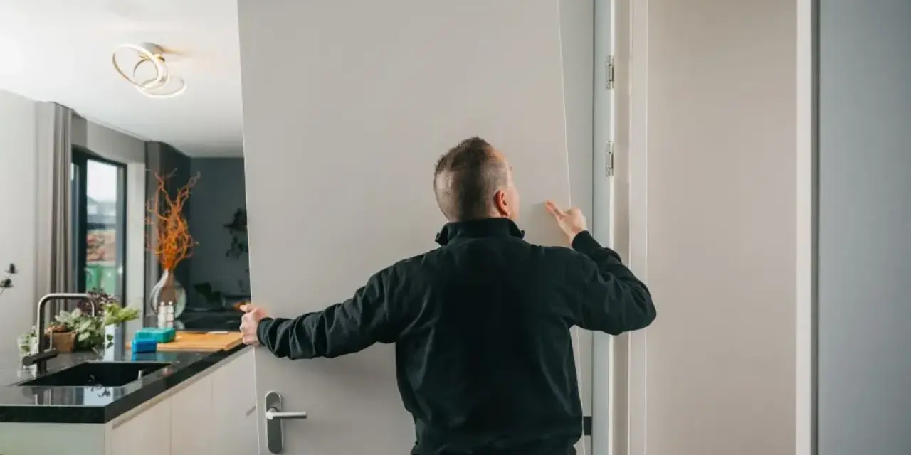 Pracownik montuje drzwi, tworząc wykucie otworu na drzwi w nowoczesnym wnętrzu.