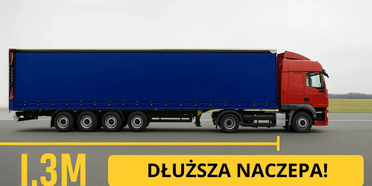 Czerwona ciężarówka z niebieską naczepą na drodze. Napis "1,3M DŁUŻSZA NACZEPA!".