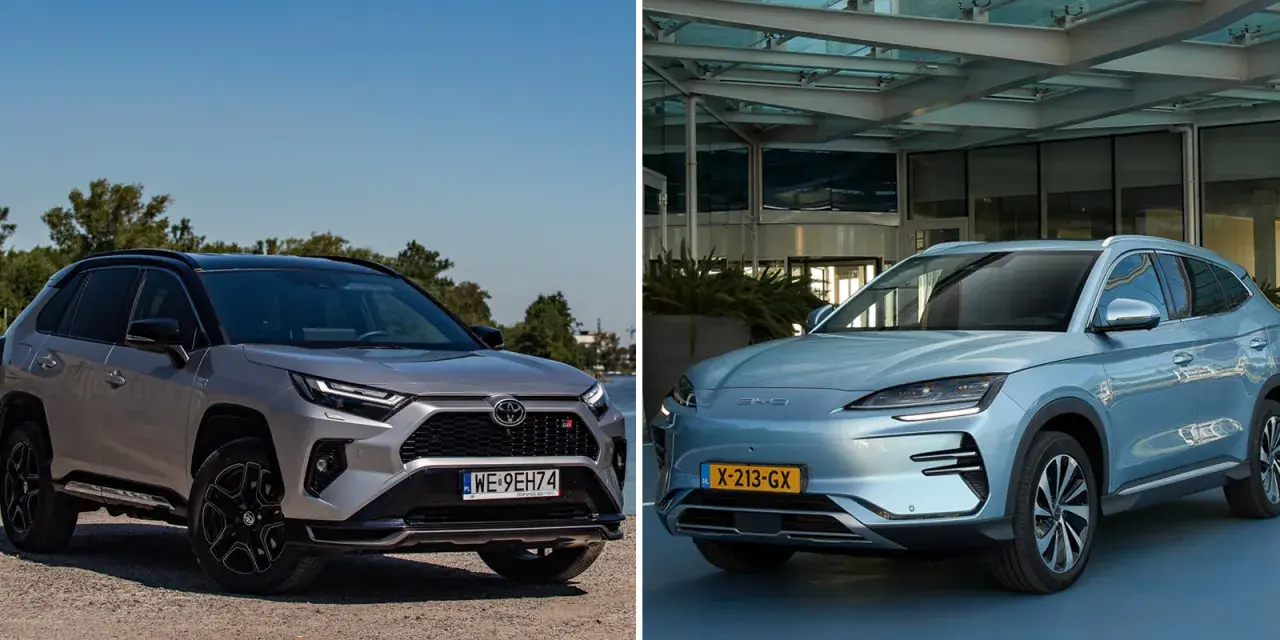 Dwa SUV-y: srebrny Toyota RAV4 i niebieski BYD Seal U.