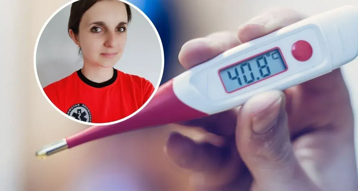 Kobieta w czerwonej koszulce i termometr pokazujący 40.8°C.