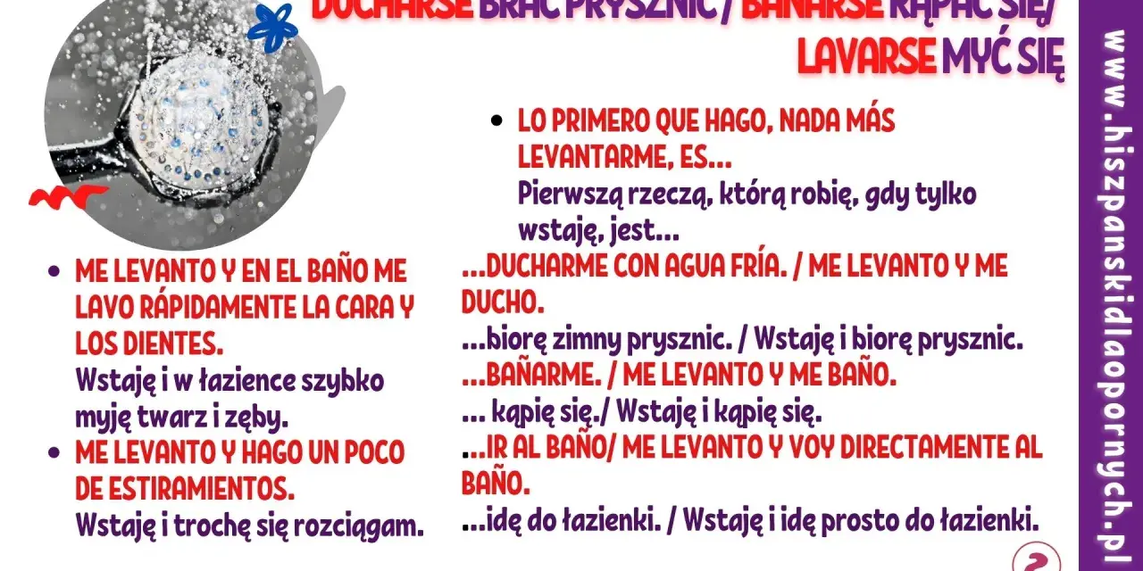 Podstawowe zwroty po hiszpańsku: "Wstaję i biorę prysznic" (Me levanto y me ducho). Obrazek pokazuje słuchawkę prysznicową.