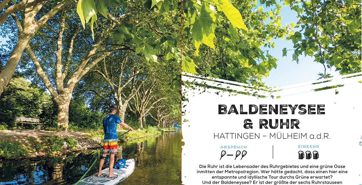 Mann fährt SUP auf der Ruhr bei Hattingen. Hier darf man SUP fahren und die grüne Oase genießen.
