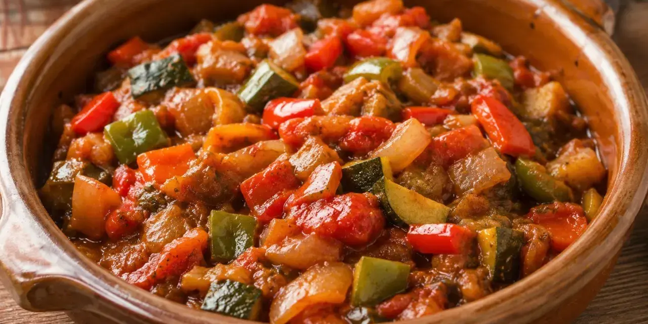 Un delicioso pisto de calabacín, pimientos y tomate en una cazuela de barro. ¡Perfecto para aprender como hacer pisto de calabacín!