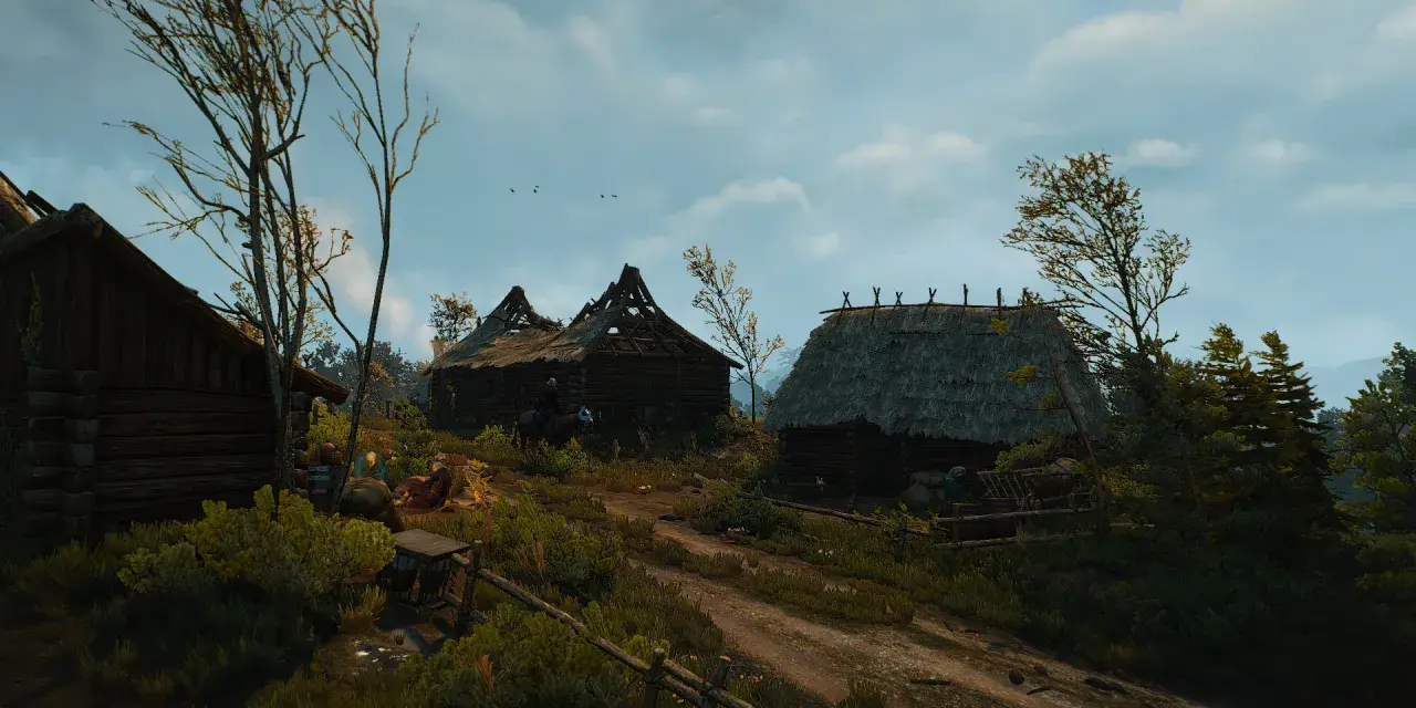 Wiedźmin Geralt na koniu wjeżdża do zniszczonej wioski. W tle widać chaty, jakby po wydarzeniach z "Oko za oko" w Wiedźminie 3.