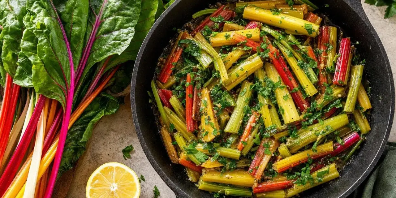 Blettes colorées cuisinées à la poêle, parsemées de persil. Une recette simple et savoureuse pour sublimer ce légume.