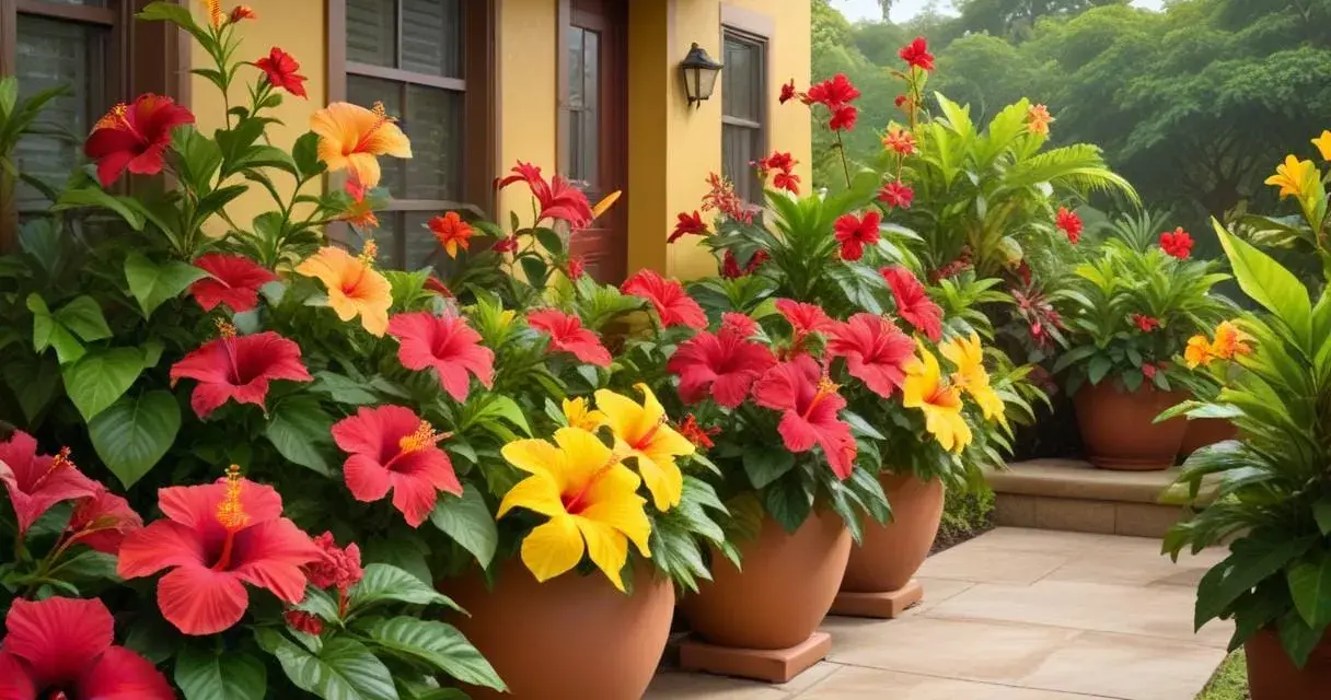 En rad krukor med färgglad hibiskus utomhus i Sverige, som skapar en tropisk känsla vid ett gult hus.