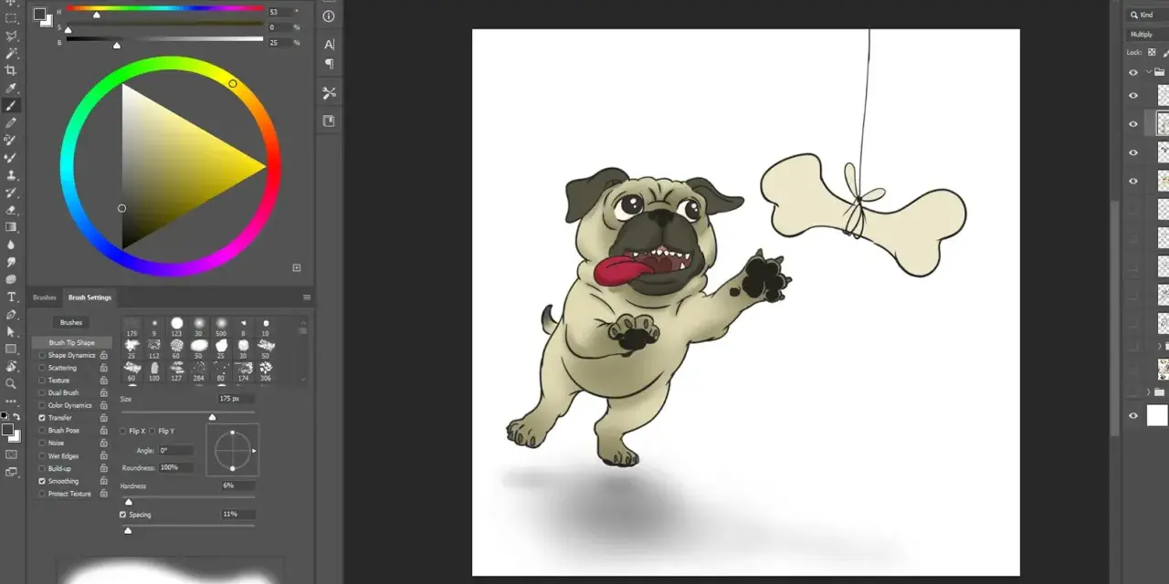 En glad mops som försöker nå ett ben som hänger i ett snöre. Det ser ut som att någon vill rita en hund!