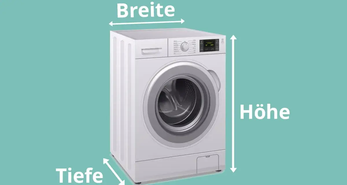 Eine weiße Waschmaschine mit Beschriftungen für Breite, Höhe und Tiefe. Die Frage "wie breit ist eine waschmaschine" wird visuell beantwortet.