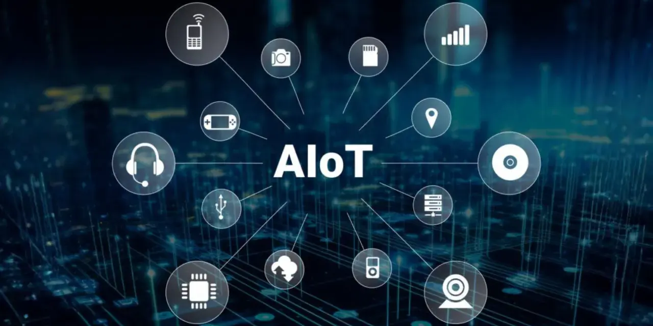 AIoT concept with icons representing devices and services, illustrating seamless iot integration.